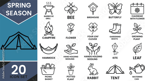 Spring season themed set of twenty minimalist line art vector icons for nature and outdoor activities, with a blue and white design.