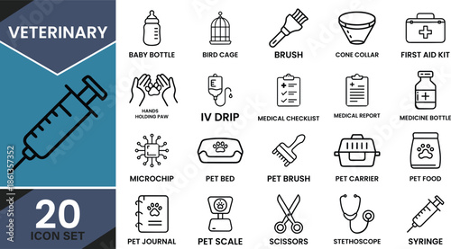 Twenty line art vector icons for veterinary medicine and pet care services with medical tools and supplies, on a white and blue background.