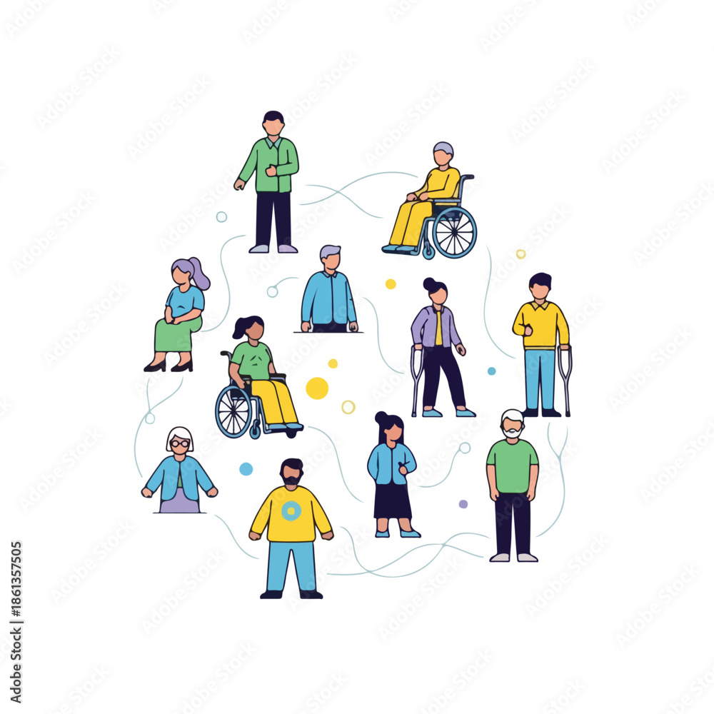 Naklejka premium Illustration of diverse elderly people standing and in wheelchairs, connected by lines, against a white background with a colorful and inclusive mood.
