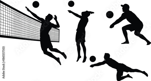 Volleyball player silhouette vector set, black sports icons, jumping, diving, spiking, digging poses, editable design elements, athletic graphic, printable art collection, dynamic action illustration