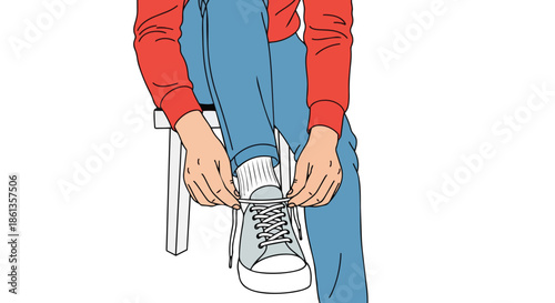 A simple illustration depicts a person attentively tying their shoelaces, symbolizing a routine act of preparation for daily life and ensuring