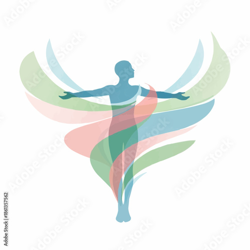 A stylized silhouette of a human figure with outstretched arms, surrounded by flowing, translucent, colorful abstract shapes representing freedom and well-being.