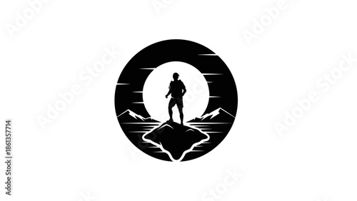 Silhouette of a person standing on a mountain peak under a full moon.