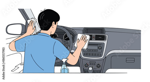 Dedicated individual meticulously cleaning a car's interior, focusing on dashboard surfaces to ensure optimal automotive hygiene and pristine