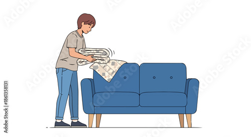 A person diligently arranges neatly folded soft blankets onto a modern, comfortable blue sofa, enhancing home decor and creating inviting home