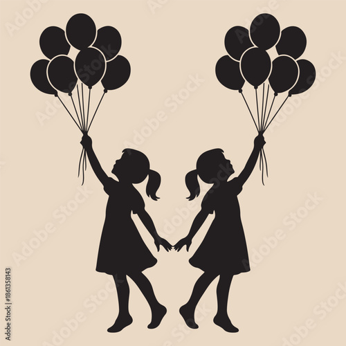 Silhouette of two Girl Kids holding line Balloons in hand Illustration Pro Vector. 