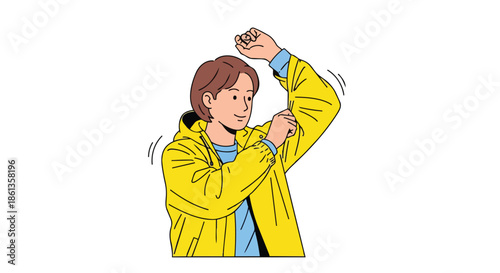 Dynamic illustration of a young person in a vibrant yellow jacket actively rolling up their sleeve, depicting readiness, commitment, and energetic
