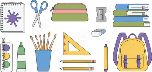 School Supplies And Stationery Items Set With Backpack And Art Tools Cartoon Vector Illustration For Education Concept