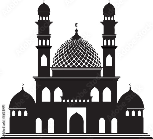 Vector illustration of the Taj Mahal silhouette in Agra, India, featuring the famous marble dome and minaret architecture of this historic mausoleum and landmark tourism monument under the sky