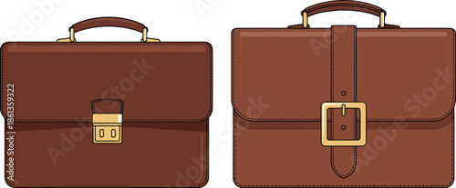 Set of professional brown leather briefcase icons featuring traditional executive bags with gold buckles and metal clasps for business and career design.