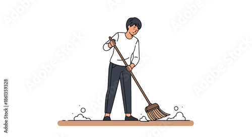 Happy individual diligently sweeping floor with broom, maintaining cleanliness