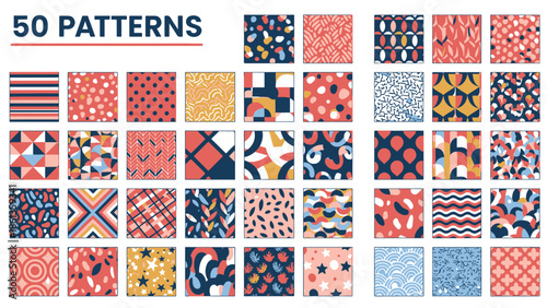 A collection of 50 diverse patterns featuring various designs and colors displayed together