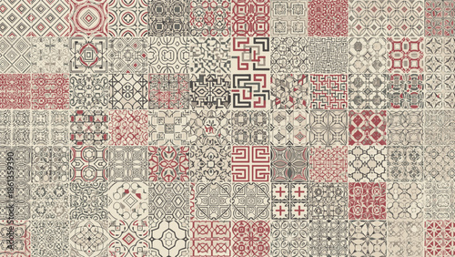 A geometric pattern of various shapes and designs in shades of red, white, and gray on a textured background