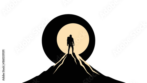 Silhouette of a person standing on a mountain peak against a bright circle.