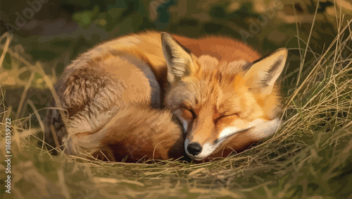 Adorable red fox curled up asleep nestled safely in warm golden dried grass during sunshine