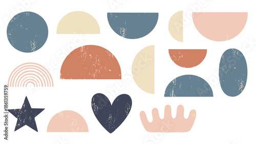 A collection of abstract shapes and symbols in pastel colors on a white background from a direct viewpoint.