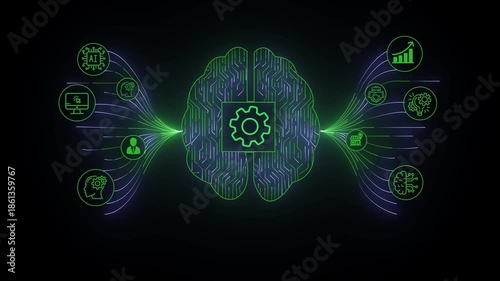 Animation  business assistant with LLM, big data, machine learning, and generative AI powers prompt engineering and supports agentic. animation on the black background.