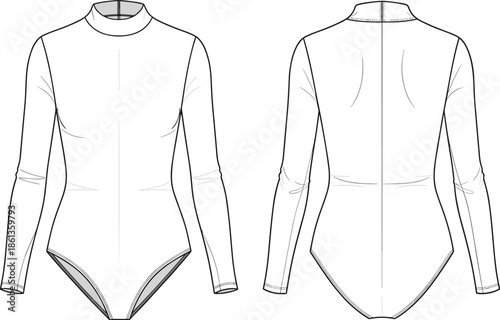Women's fashion technical flat sketch of a long sleeve mock neck bodysuit featuring a slim fit silhouette and back zipper closure