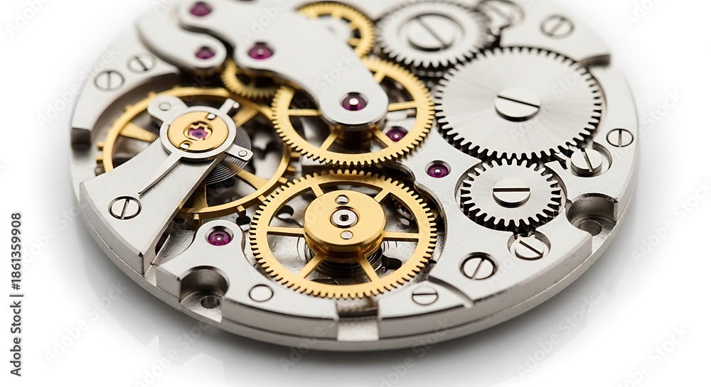 Fototapeta premium Intricate clockwork mechanism with gold and silver gears and ruby bearings on a white background watch