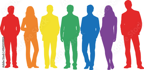 Colorful people silhouettes standing together, diverse human figures illustration, modern flat design, teamwork concept, social diversity background