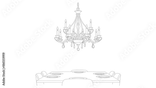 Elegant black and white line art drawing of a formal dining room with a crystal chandelier above a set table