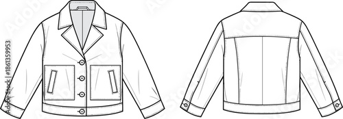 Technical flat sketch of women's long single breasted trench coat featuring a belted waist, notched lapels, back yoke, and center vent