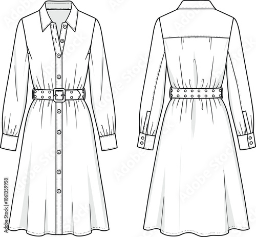 Women's fashion technical flat sketch of a long single breasted trench coat with belted waist, notched lapel, and back vent vector