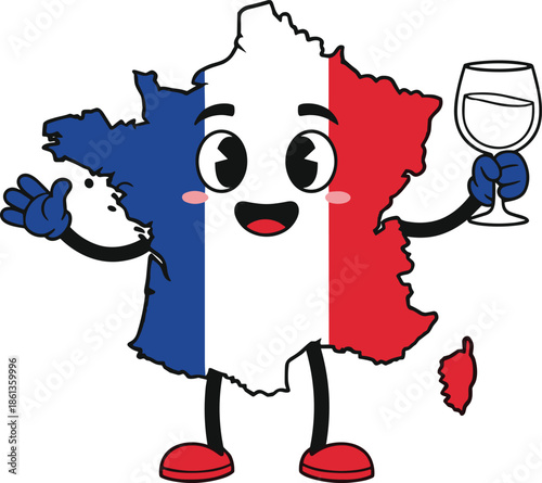 Cute France map character holding wine glass, smiling cartoon illustration, French culture celebration, travel symbol, national identity design