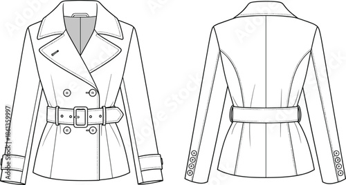 Technical flat sketch of women's single breasted trench coat featuring a belted waist, notched lapels, back yoke, and center vent vector