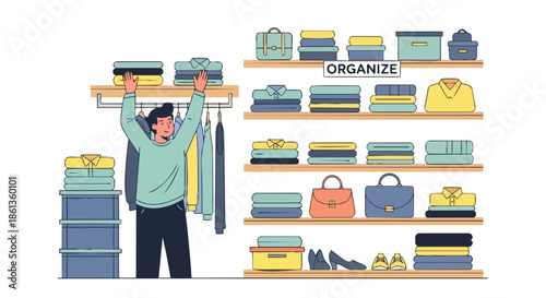 A dedicated individual meticulously arranging a personal wardrobe, demonstrating effective domestic organization and efficient storage solutions for