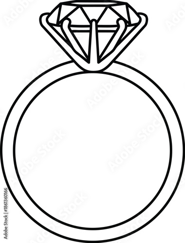 Simple black and white line art icon representing a classic diamond solitaire engagement ring design