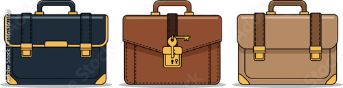 Set of professional business briefcase icons featuring leather executive bags with gold buckles and secure lock mechanisms for office concepts.