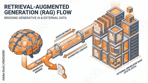 Retrieval-Augmented Generation (RAG) Flow isometric illustration bridging generative AI brain and external knowledge base data servers