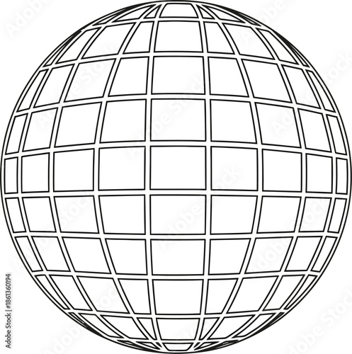 Black and White Wireframe Globe Grid Icon for Global Network and Technology Concepts