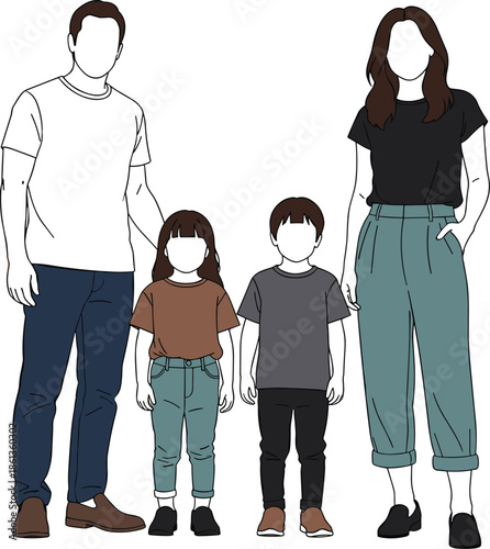 Modern family illustration, parents with two children standing together, flat vector style, happy family concept, minimal design