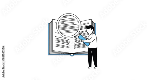 Diligent individual engrossed in meticulous textual examination with an oversized magnifier, exploring knowledge within vast literary pages for