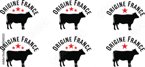 Origine France beef label illustration with cow silhouette and star rating, French quality meat branding design for food packaging