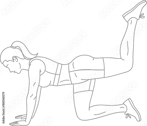 Line art illustration of a woman performing a donkey kick exercise to target gluteal muscles for fitness