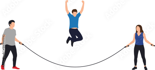 People exercising with jump rope teamwork training illustration, fitness workout activity, healthy lifestyle concept, group cardio exercise design