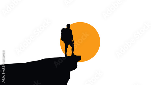 Silhouette of a hiker standing on a cliff edge with a large sun behind them.