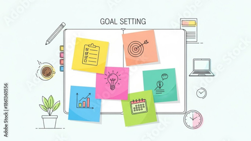 Goal setting concept with colorful sticky notes on a laptop screen, business planning