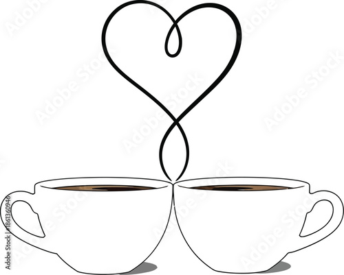 Two coffee cups connected by steam forming a perfect continuous heart shape symbolizing love