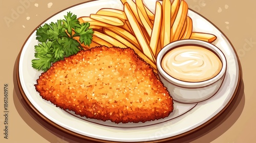 A plate of crispy schnitzel with golden french fries, a side of creamy sauce, and fresh parsley garnish