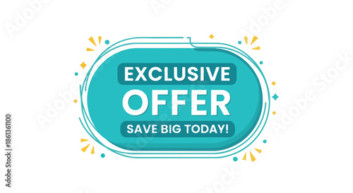 A compelling digital graphic promoting an exclusive offer. The vibrant teal oval design, encircled by dynamic accents, prompts huge savings for