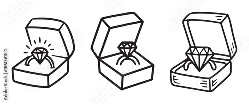a simple black and white illustration featuring three open jewelry boxes each containing a different style ring