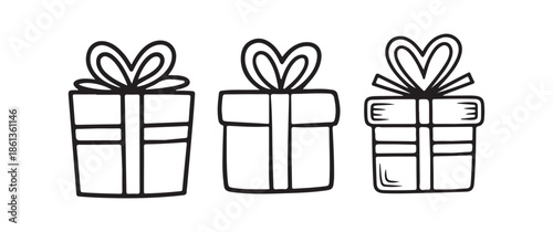 A charming sketch depicts three neatly wrapped gifts adorned with whimsical heart shaped tags and decorative bows
