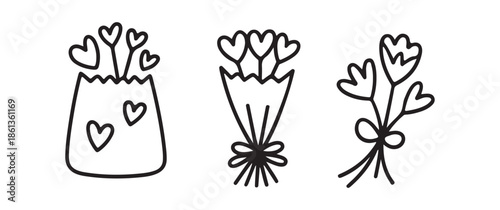 Simple black and white illustration featuring three different arrangements of heart shaped flower bouquets presenting a loving aesthetic