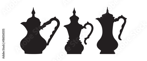 Silhouette collection of three antique coffee pots showcasing ornate designs and varying shapes a classic visual display