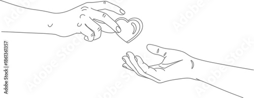 Minimalist line art illustration showing one hand offering a heart shape to another open hand below