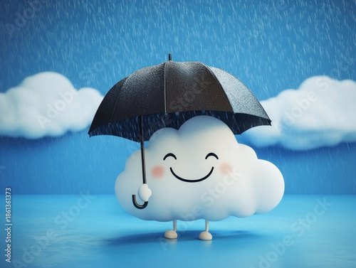 Cute Smiling Cloud Holding Black Umbrella in Rainy Sky.